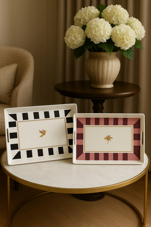 2 adet Çizgili Desenli Servis Tepsisi 38x28x3,5 cm, Siyah-Beyaz ve Bordo