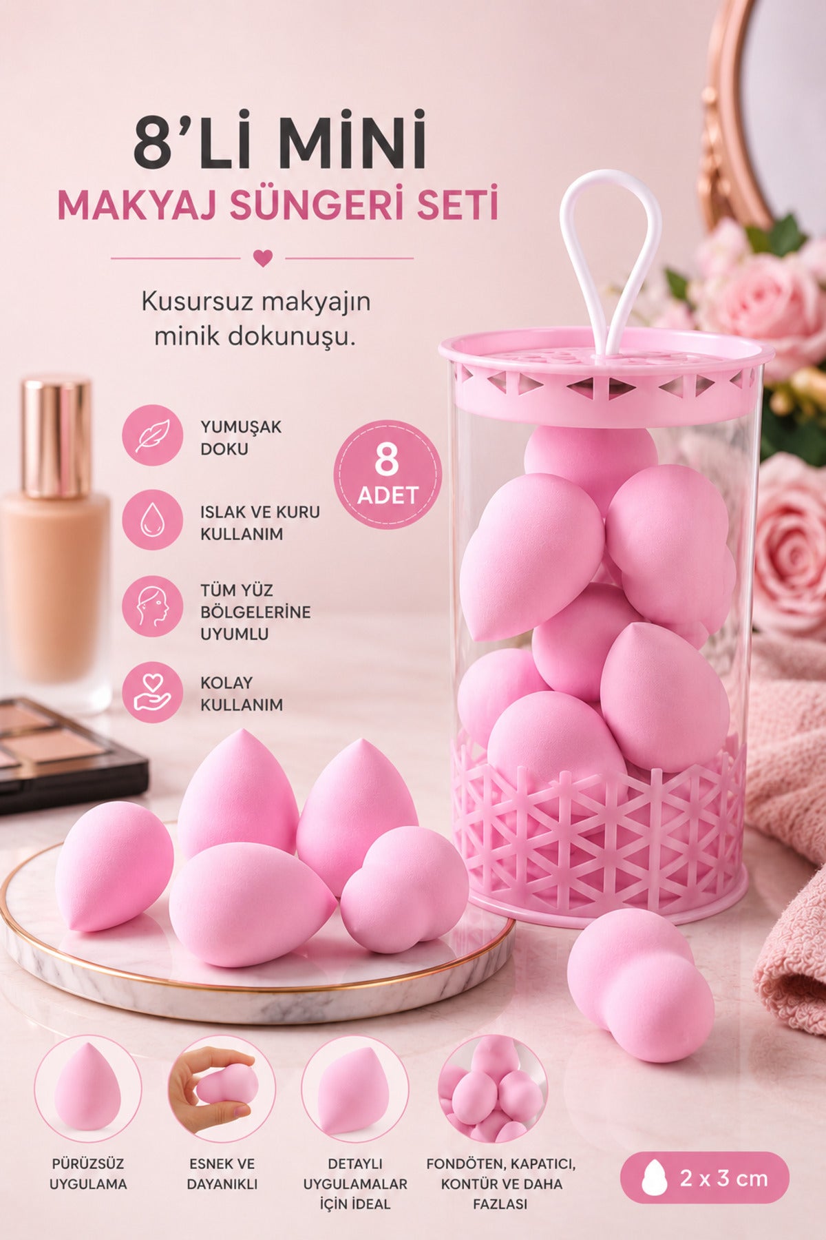 Mini Boy 8'li Pembe Makyaj Süngeri Seti- 2 cm x 3 cm Makyaj Uygulama Süngeri