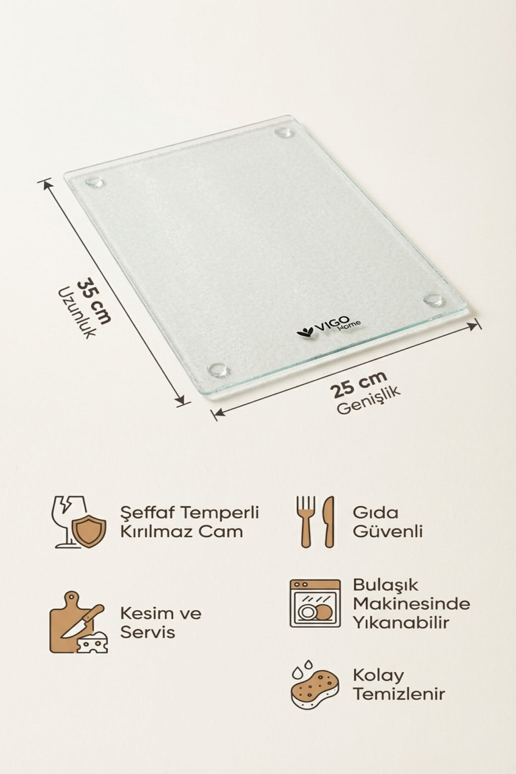 Cam Kesme Tahtası Kırılmaz Temperli 25x35 cm Şeffaf Kaymaz - Görsel 2