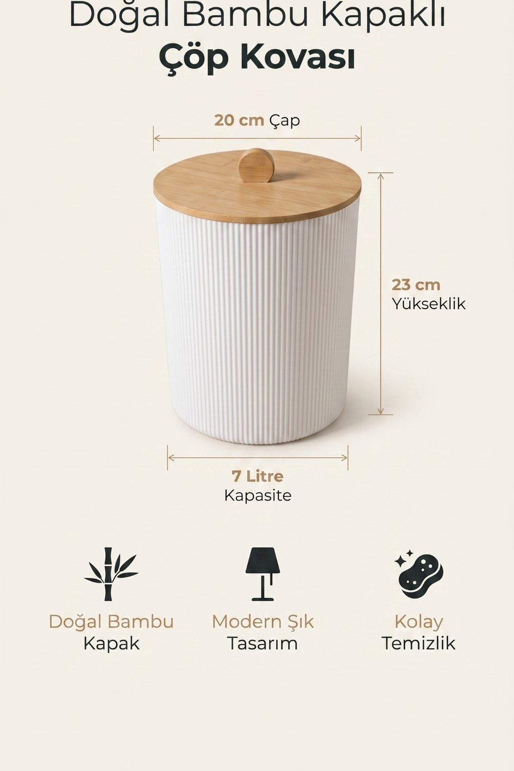 Doğal Bambu Kapaklı Çöp Kovası, 7 Litre, 20x23 cm Modern Şık Tasarım - görsel 4