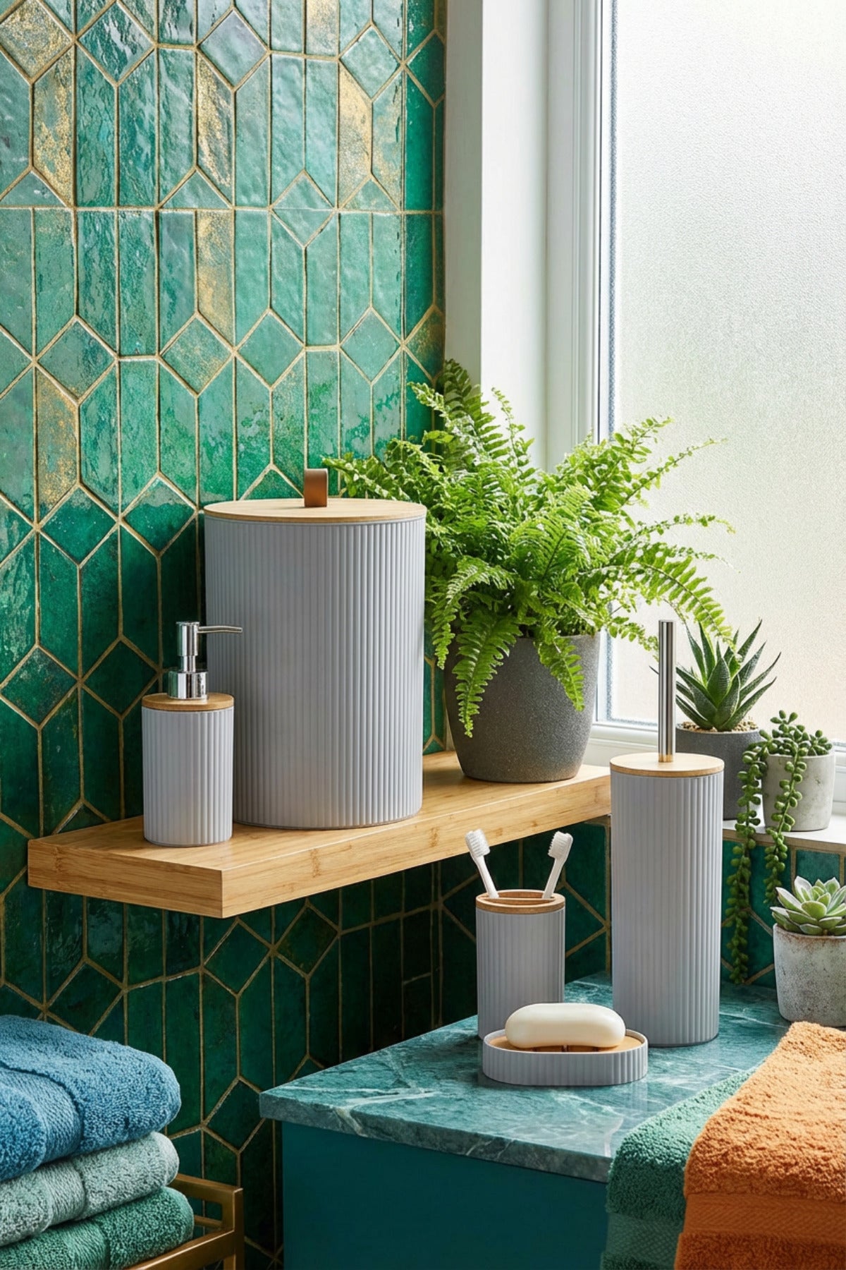 5 Parça Yuvarlak Banyo Seti, Bambu Kapaklı, Hacim: 7 litre