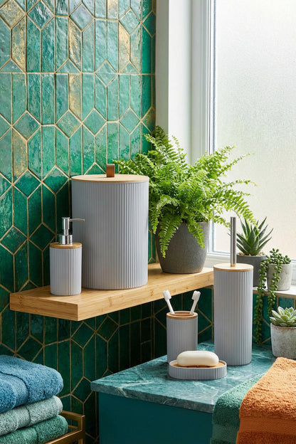 5 Parça Yuvarlak Banyo Seti, Bambu Kapaklı, Hacim: 7 litre
