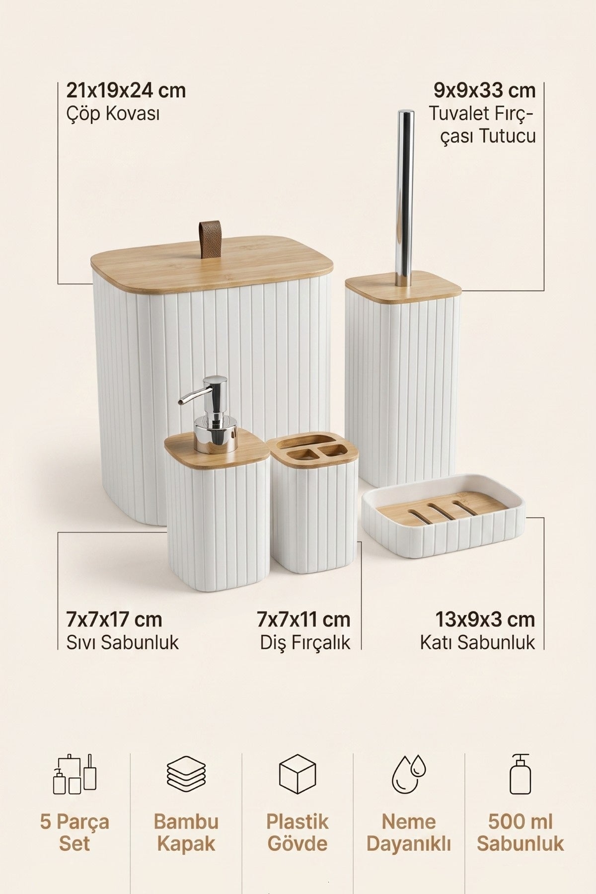 Bambu Kapaklı Çizgili Dikdörtgen 5 Parça Banyo Seti, 21 x 19 x 24 cm.