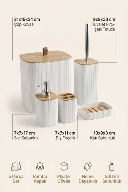 Bambu Kapaklı Çizgili Dikdörtgen 5 Parça Banyo Seti, 21 x 19 x 24 cm.