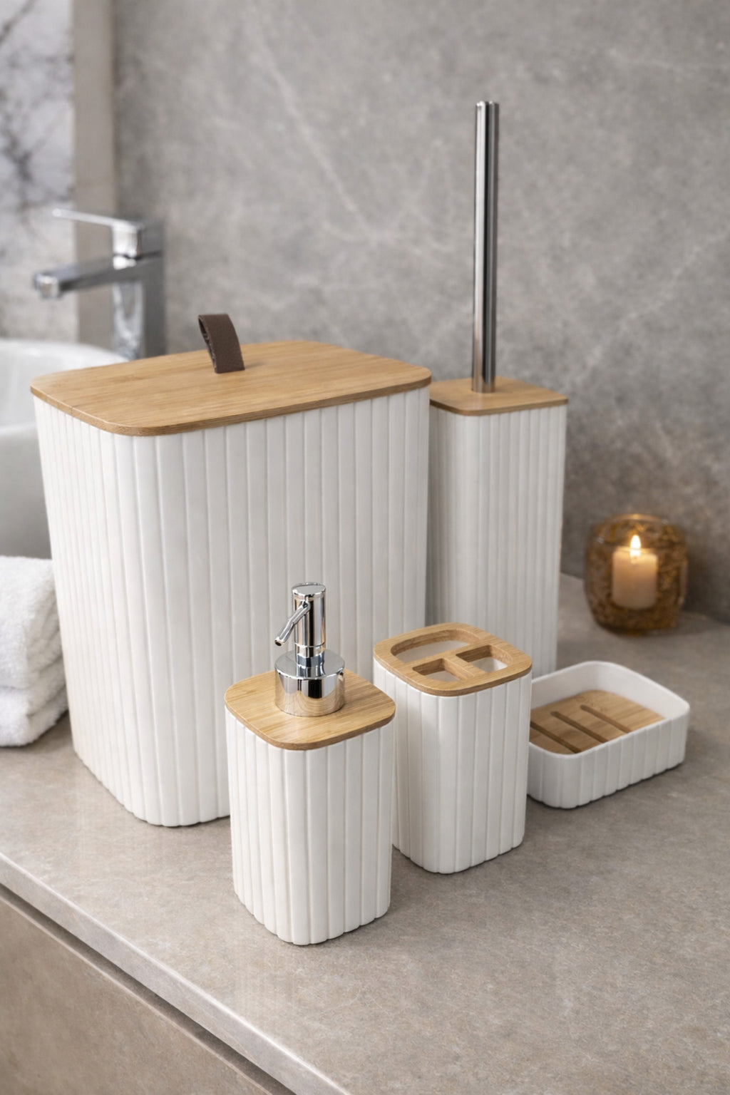 Bambu Kapaklı Çizgili Dikdörtgen 5 Parça Banyo Seti, Beyaz, 21 x 19 x 24 cm. - görsel 4