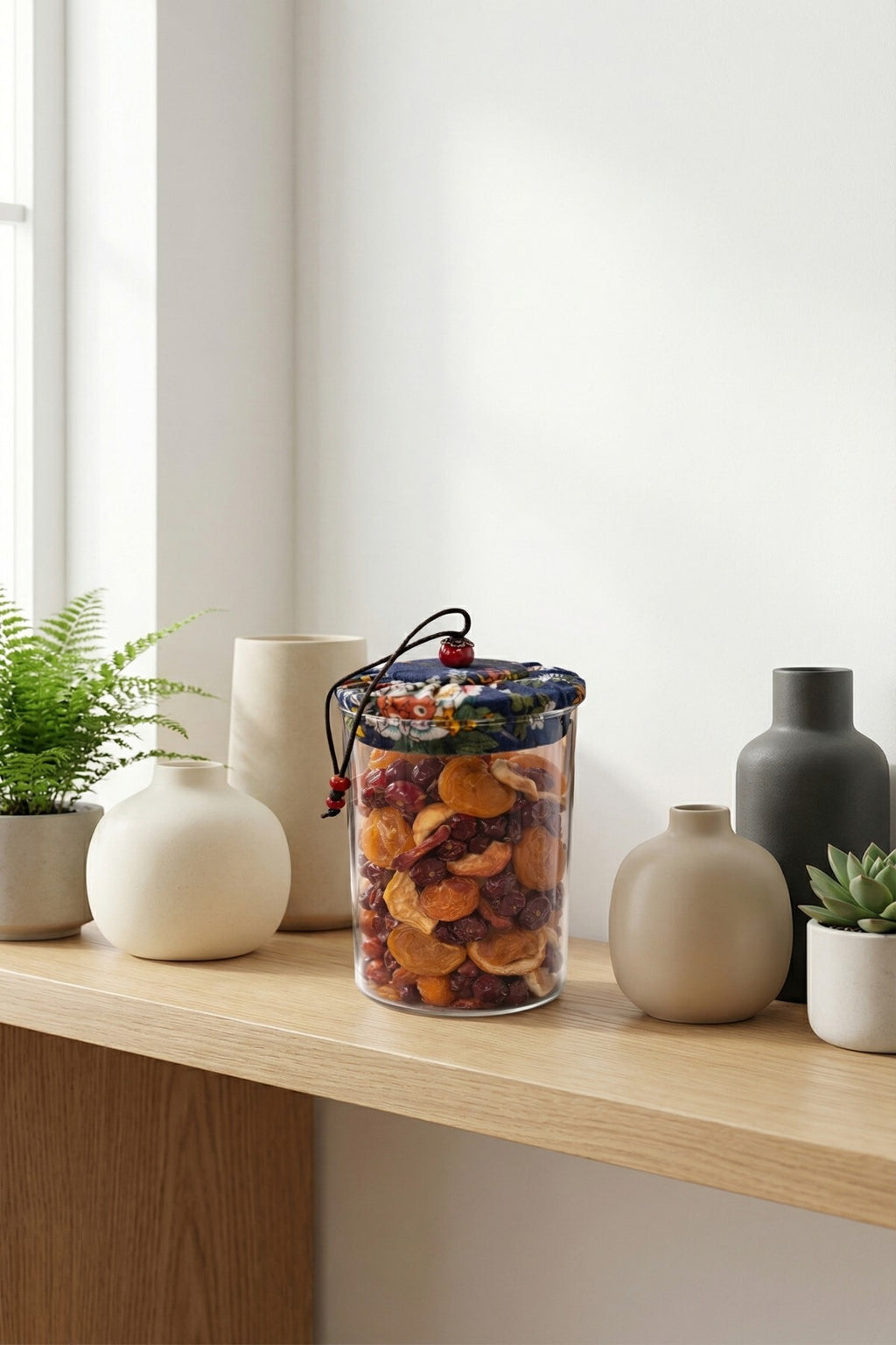 650 ml Borosilikat Cam Hava Geçirmez Kumaş Kaplama Bambu Kapaklı Kavanoz, çap: 8 cm, h: 18 cm