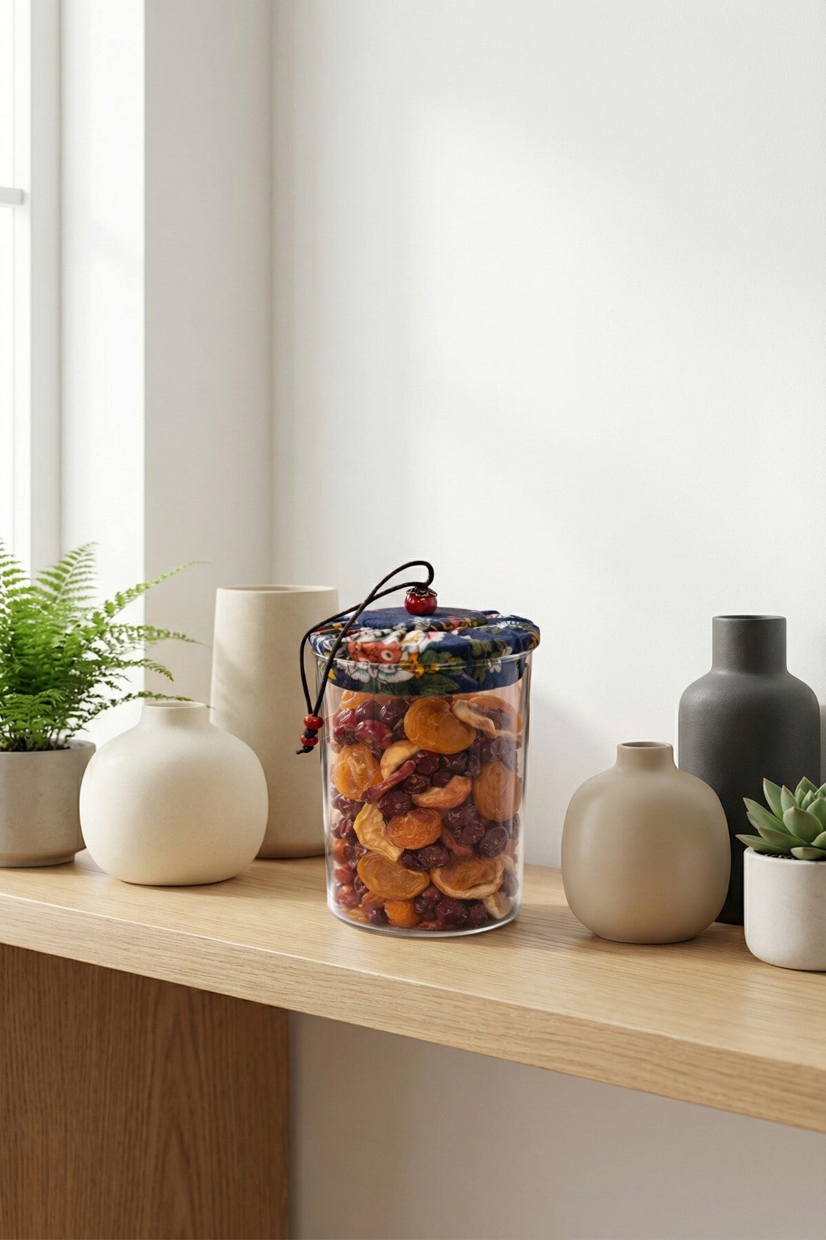 650 ml Borosilikat Cam Hava Geçirmez Kumaş Kaplama Bambu Kapaklı Kavanoz, çap: 8 cm, h: 18 cm