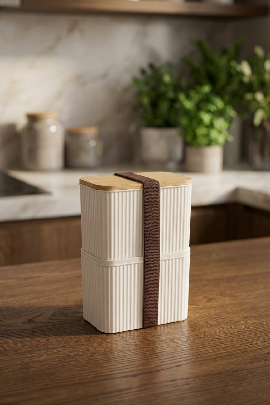 Bambu Kapaklı 2 Katlı Saklama Kabı Seti - 2x1 Litre