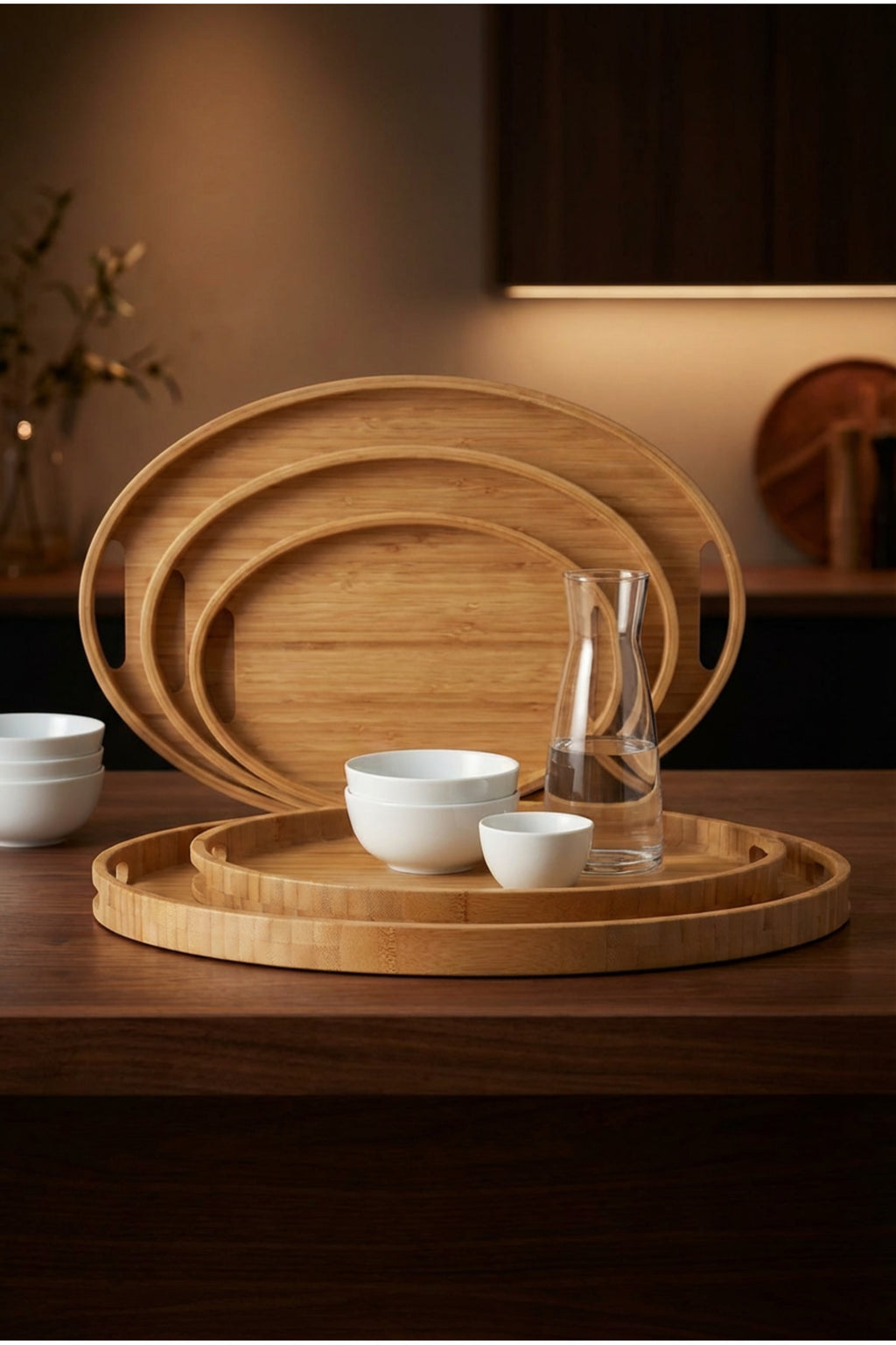Bambu Oval 3'lü Tepsi Seti. Küçük Tepsi: 20x29 cm. Orta Tepsi: 26x36 cm. Büyük Tepsi: 31x45 cm