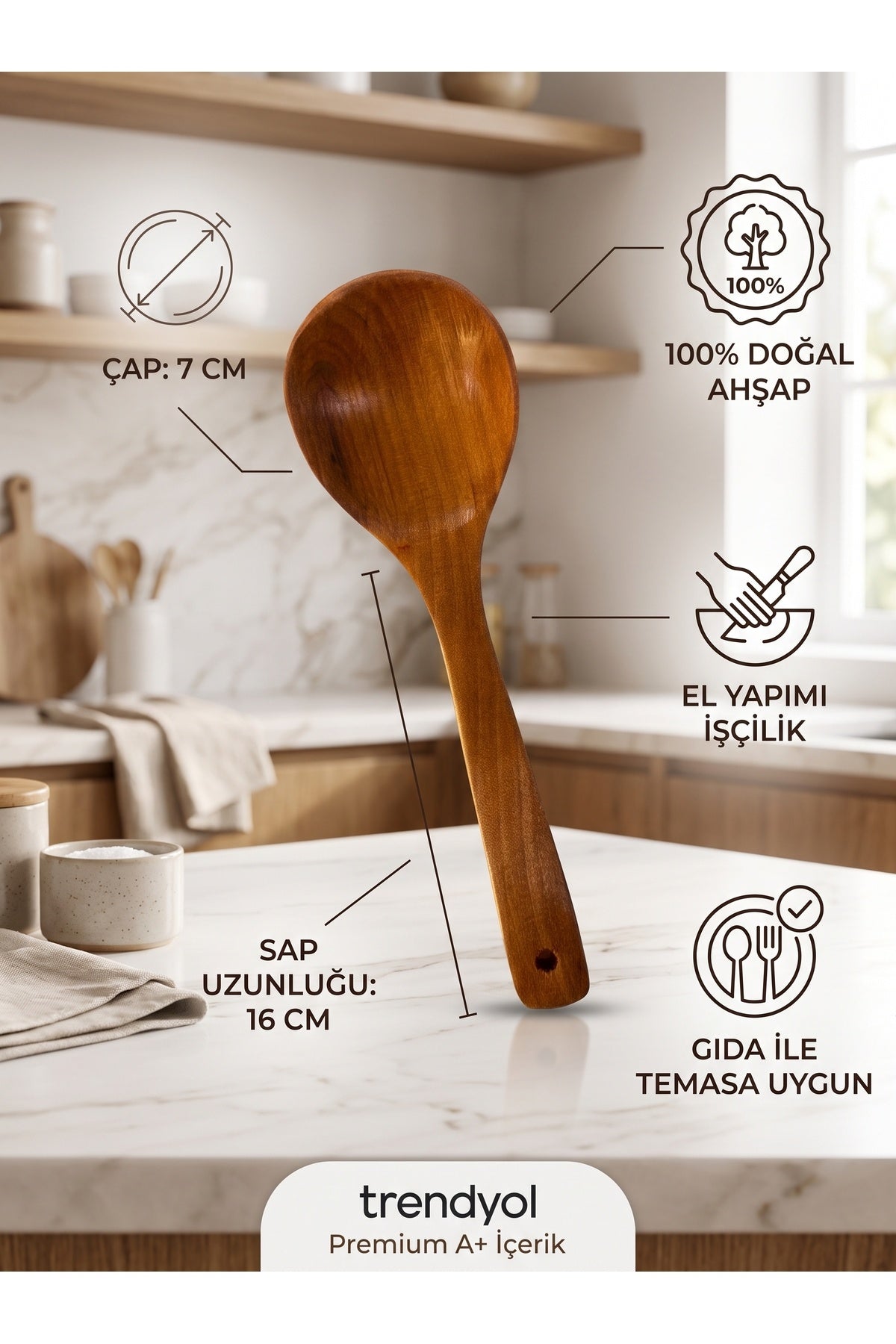El Yapımı Doğal Ahşap Servis Kaşığı