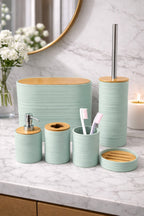 6 Parça Su Yeşili Banyo Seti, Bambu Detaylı, 8L Çöp Kovası 24x26x16 cm