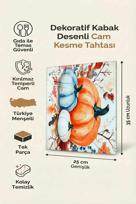 Cam Kesme Tahtası Kırılmaz Temperli 25x35 cm Dekoratif Kabak Desenli Kaymaz