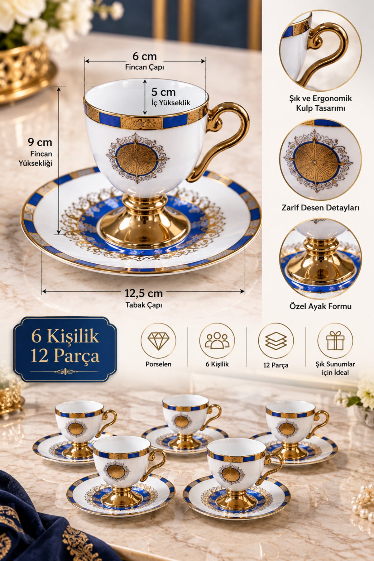 6 Kişilik 12 Parça Porselen Kahve Fincan Takımı