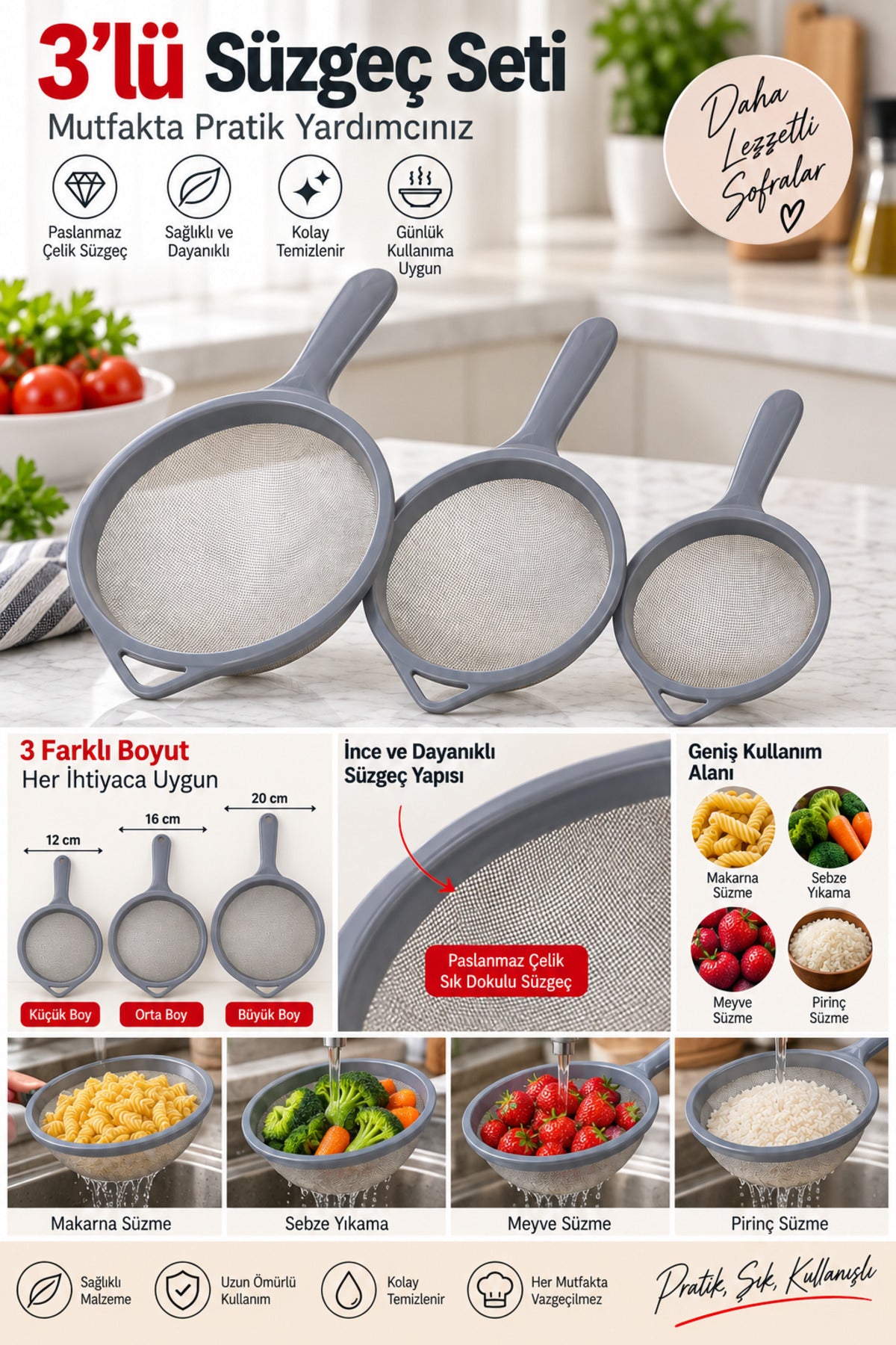 Süzgeç Paslanmaz 3'lü Set 12 Cm-16 Cm-20 cm