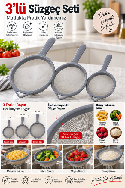 Süzgeç Paslanmaz 3'lü Set 12 Cm-16 Cm-20 cm