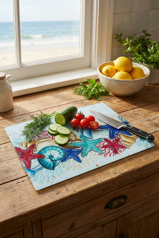 Cam Kesme Tahtası Kırılmaz Temperli 25x35 cm Deniz Kabukları Desenli Kaymaz