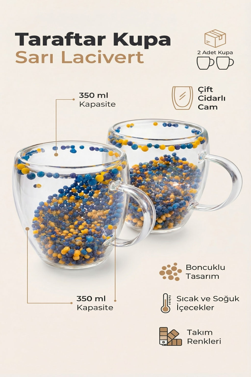 2 Adet Taraftar Kupa, 350 ml | Cidarlı Cam Taraftar Bardak