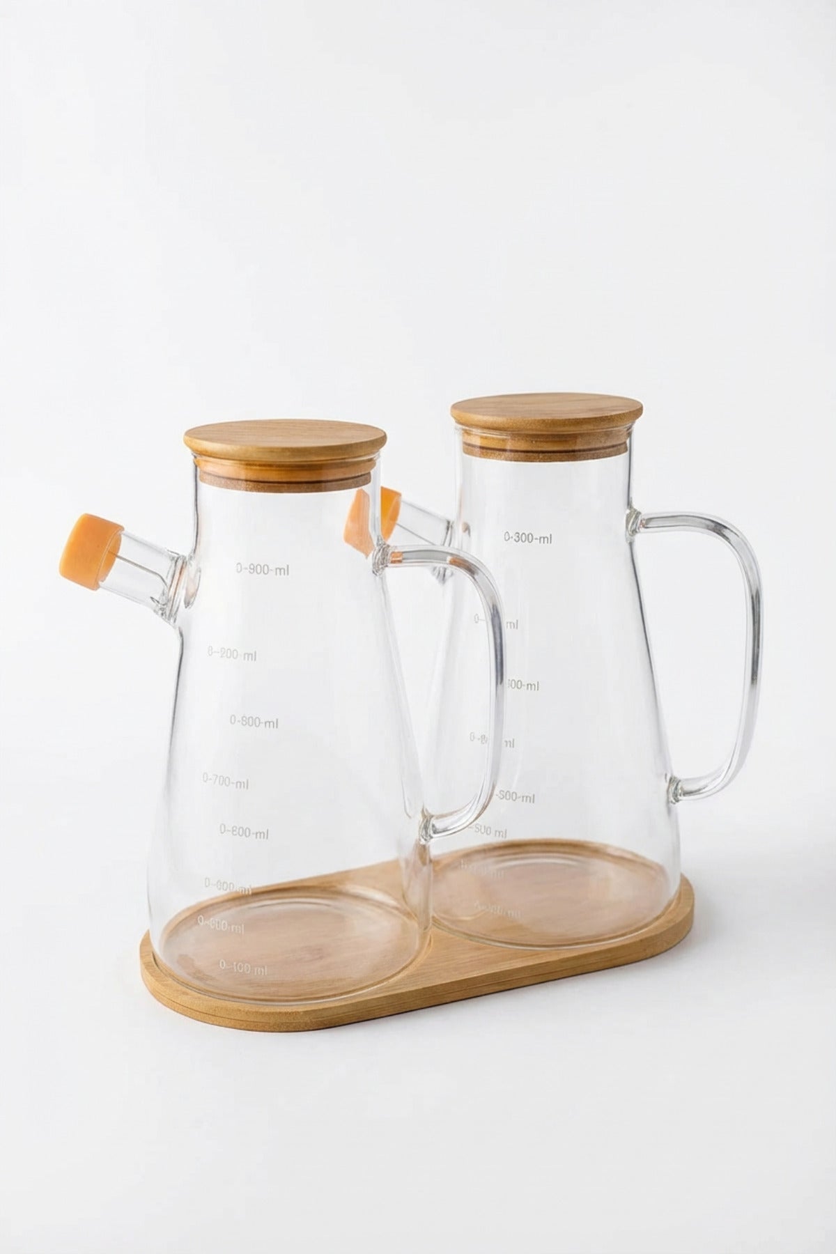 2'li 900 ml Bambu Kapaklı ve Altlıklı Borosilikat Cam Yağlık/Sirkelik/Sosluk