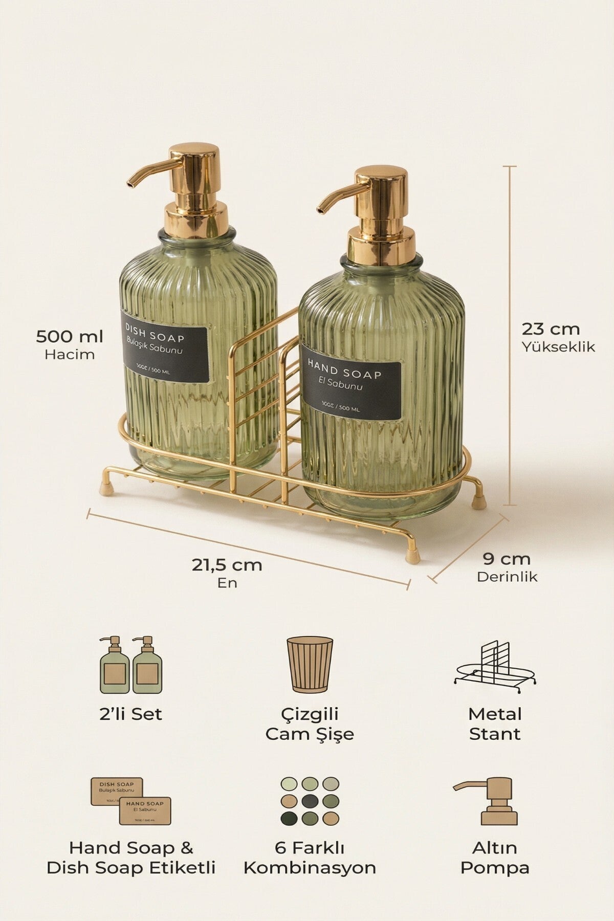 2'li Cam Sabunluk/Deterjanlık, 500 ml, Renk Metal Stantlı, 21,5x9x23 cm