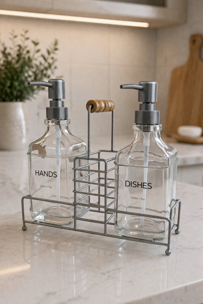 Lüks Bambu Kulplu Metal Stantlı İkili Cam Sıvı Sabunluk 500 ml, 23x9x23,5 cm – Gri