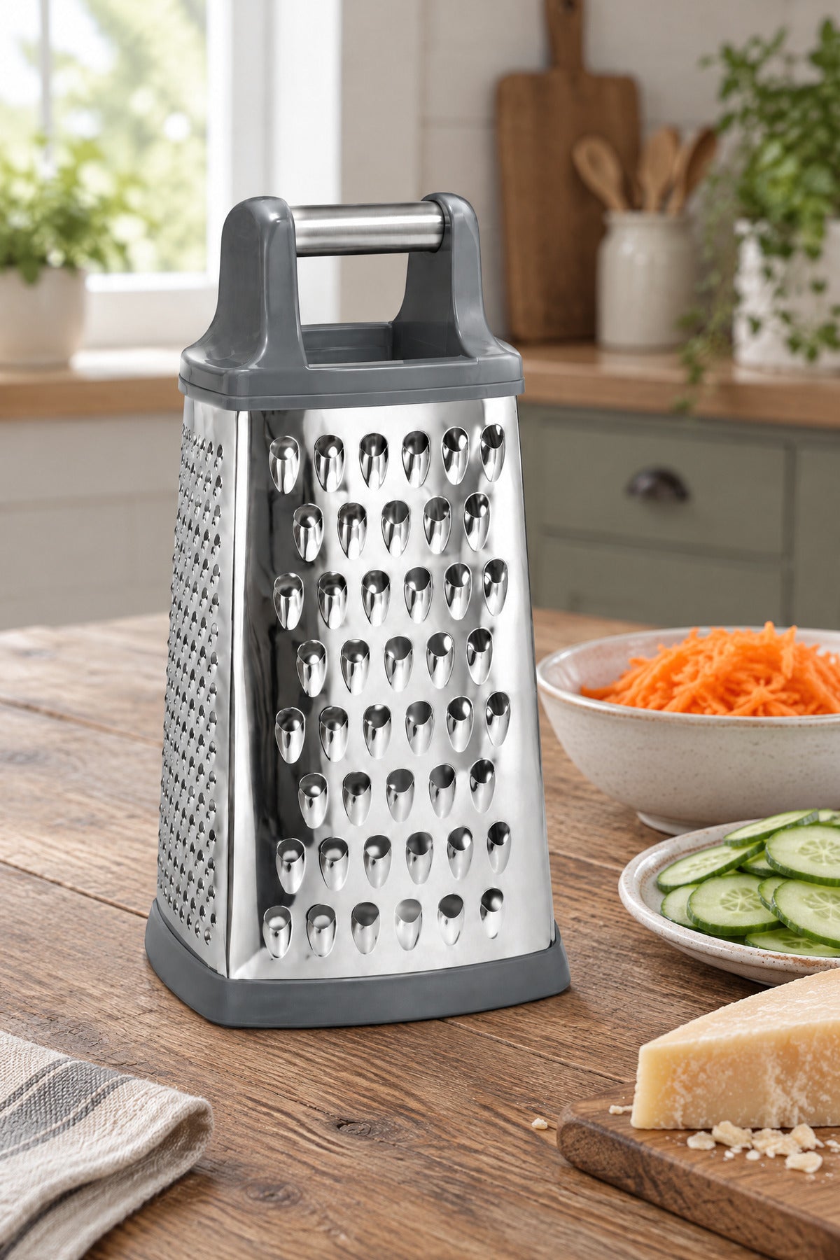 4 Yüzlü Çelik Rende, Silikon Tabanlı, Tutma Saplı, Gri, 23 cm