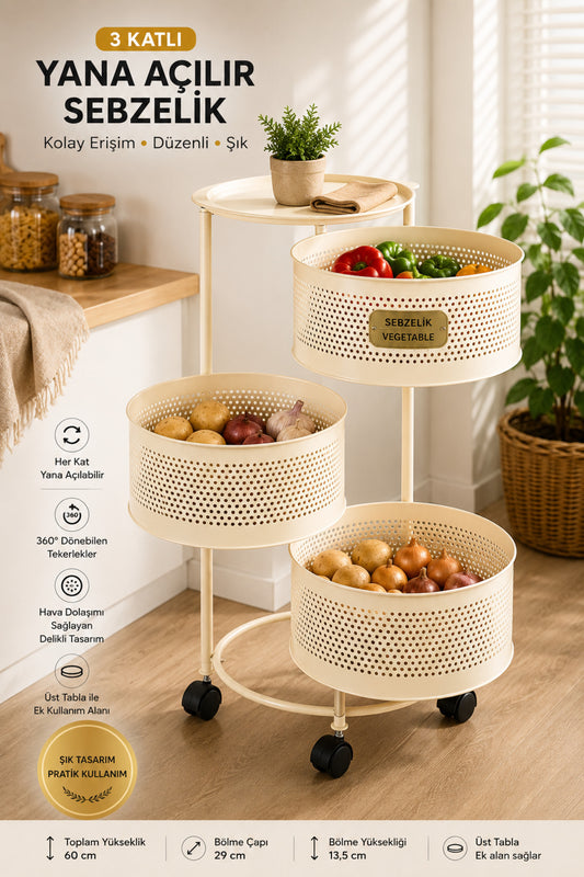 3 Katlı Tekerlekli Metal Sebzelik, Krem, Yana Açılır Sepetli, Üst Tablalı, 60 cm