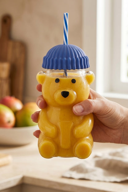 Ayıcıklı Tasarım Cam Matara Pipetli Koruyucu Başlıklı Bardak 600 ml (Yeşil, Sarı, Mavi, Siyah, Kırmızı Renk Seçenekleri)