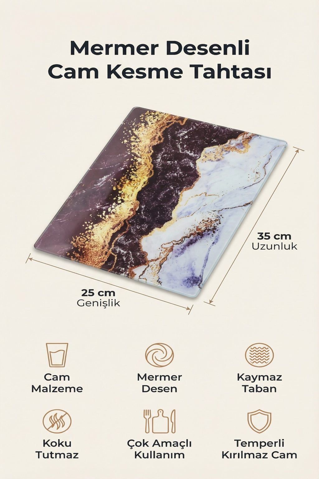 Temperli Kırılmaz Cam Kesme Tahtası 25x35 cm Mermer Desenli Kaymaz - Görsel 3