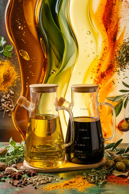 2'li 900 ml Bambu Kapaklı ve Altlıklı Borosilikat Cam Yağdanlık, Isıya Dayanıklı, Yağ/Sirke/Sosluk