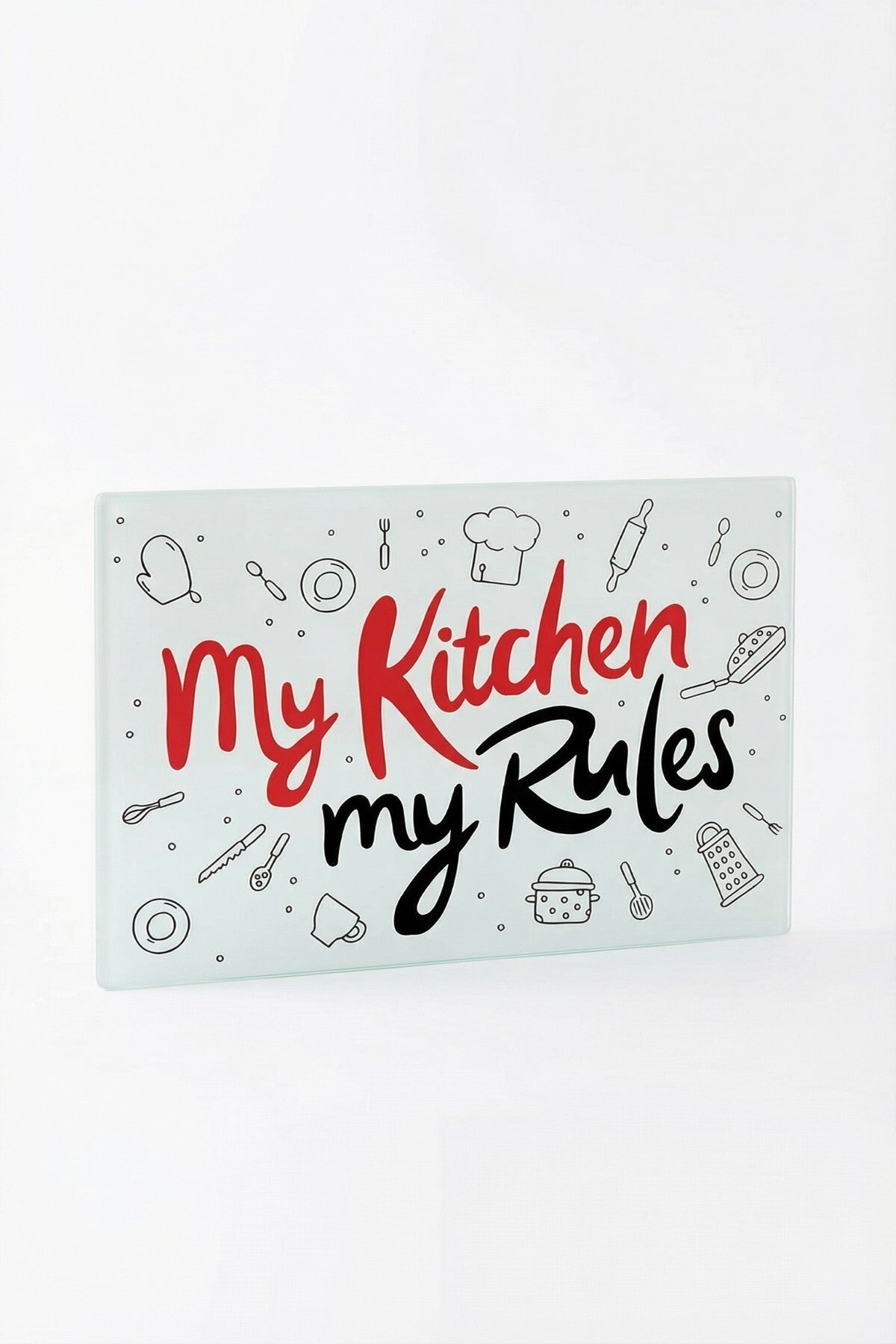 Cam Kesme Tahtası Kırılmaz Temperli 25x35 cm My Kitchen My Rules Yazılı Desenli - Görsel 3