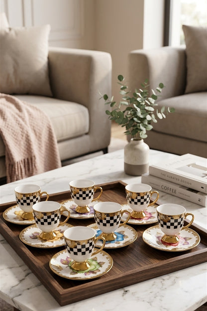 6 Kişilik 12 Parça Gold Detaylı Desenli Kahve Fincan Takımı