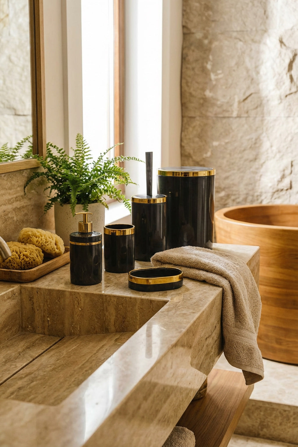 5 Parça Akrilik Banyo Seti, Şık ve Kaliteli Akrilik, Altın Renk Detaylı
