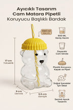 Ayıcıklı Tasarım Cam Matara Pipetli Koruyucu Başlıklı Bardak 600 ml (Yeşil, Sarı, Mavi, Siyah, Kırmızı Renk Seçenekleri) - görsel 2