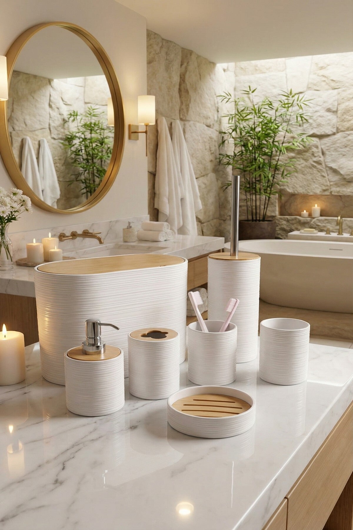 6 Parça Banyo Seti, Bambu Detaylı, 8L Çöp Kovası 24x26x16 cm