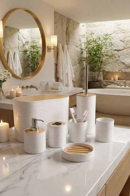 6 Parça Banyo Seti, Bambu Detaylı, 8L Çöp Kovası 24x26x16 cm