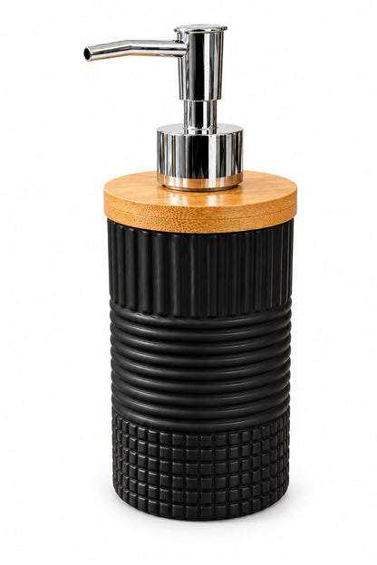 400 ml Bambu Kapaklı Sıvı Sabunluk, Desenli Seramik, 8x19 cm