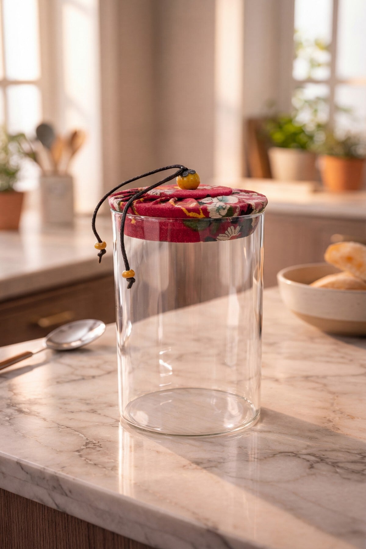 650 ml Borosilikat Cam Hava Geçirmez Kumaş Kaplama Bambu Kapaklı Kavanoz, çap: 8 cm, h: 18 cm