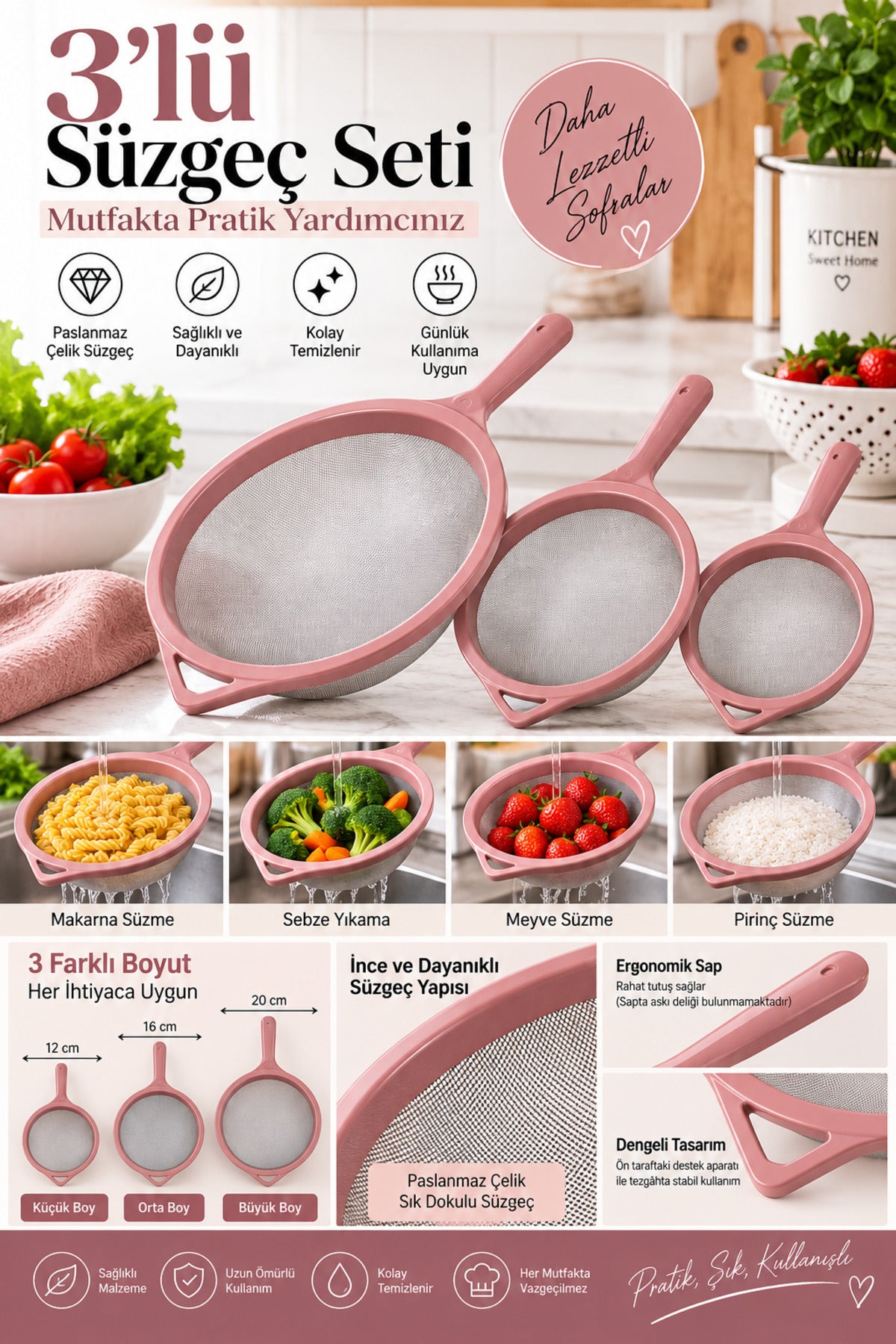 3’lü Paslanmaz Çelik Tel Süzgeç Seti 12-16-20 cm Pembe Mutfak Süzgeci