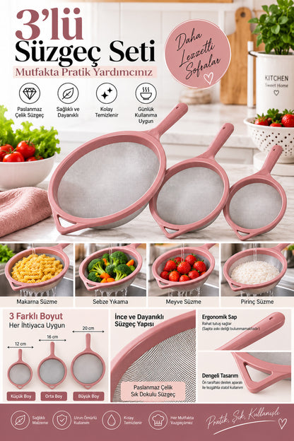 3’lü Paslanmaz Çelik Tel Süzgeç Seti 12-16-20 cm Pembe Mutfak Süzgeci