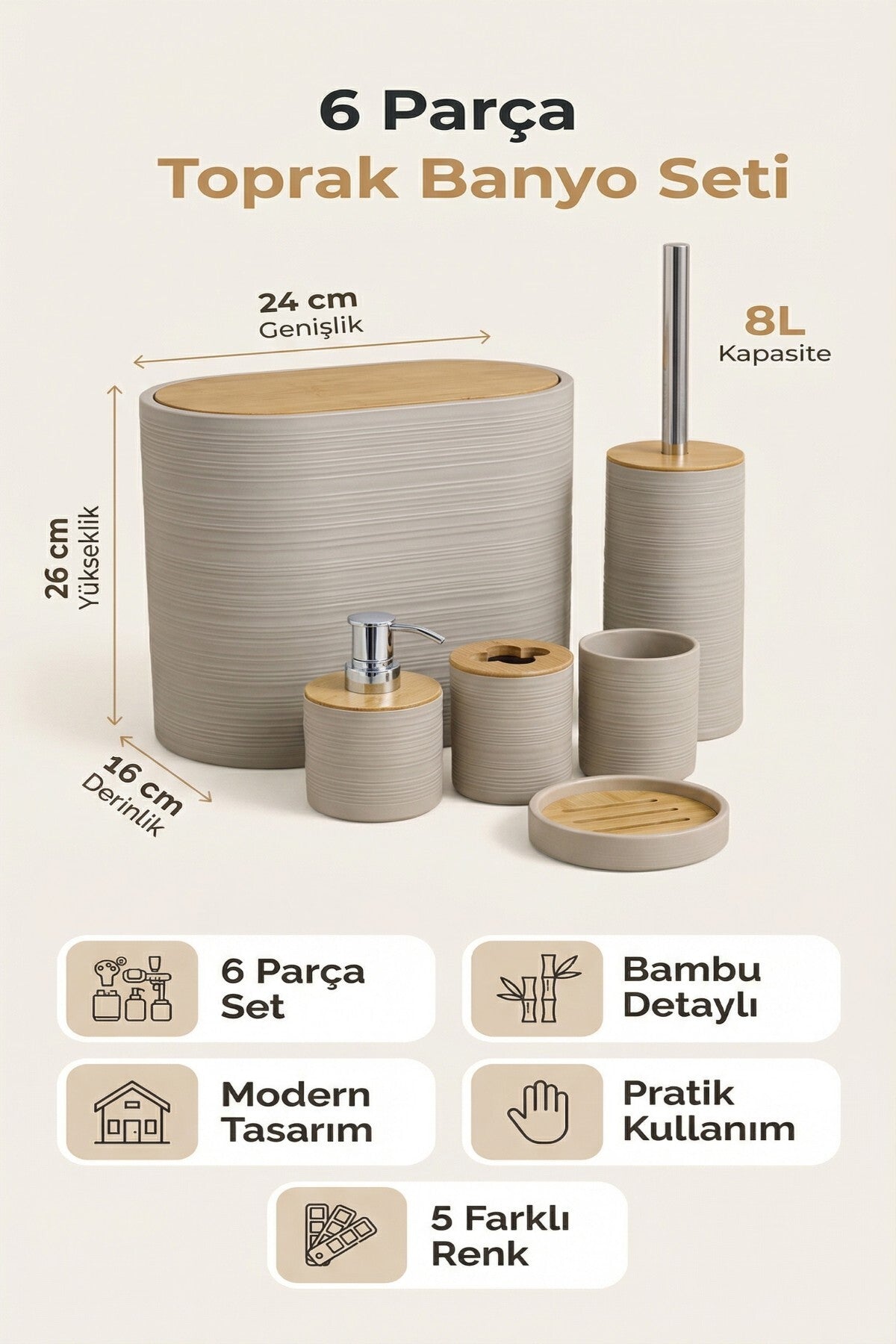 6 Parça Banyo Seti, Bambu Detaylı, 8L Çöp Kovası 24x26x16 cm