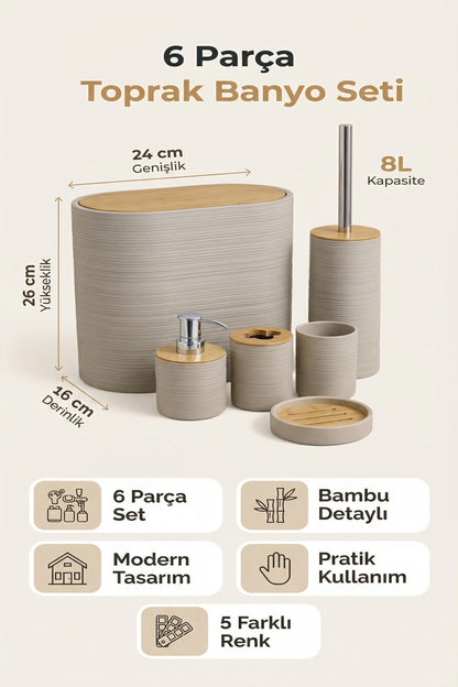 6 Parça Banyo Seti, Bambu Detaylı, 8L Çöp Kovası 24x26x16 cm