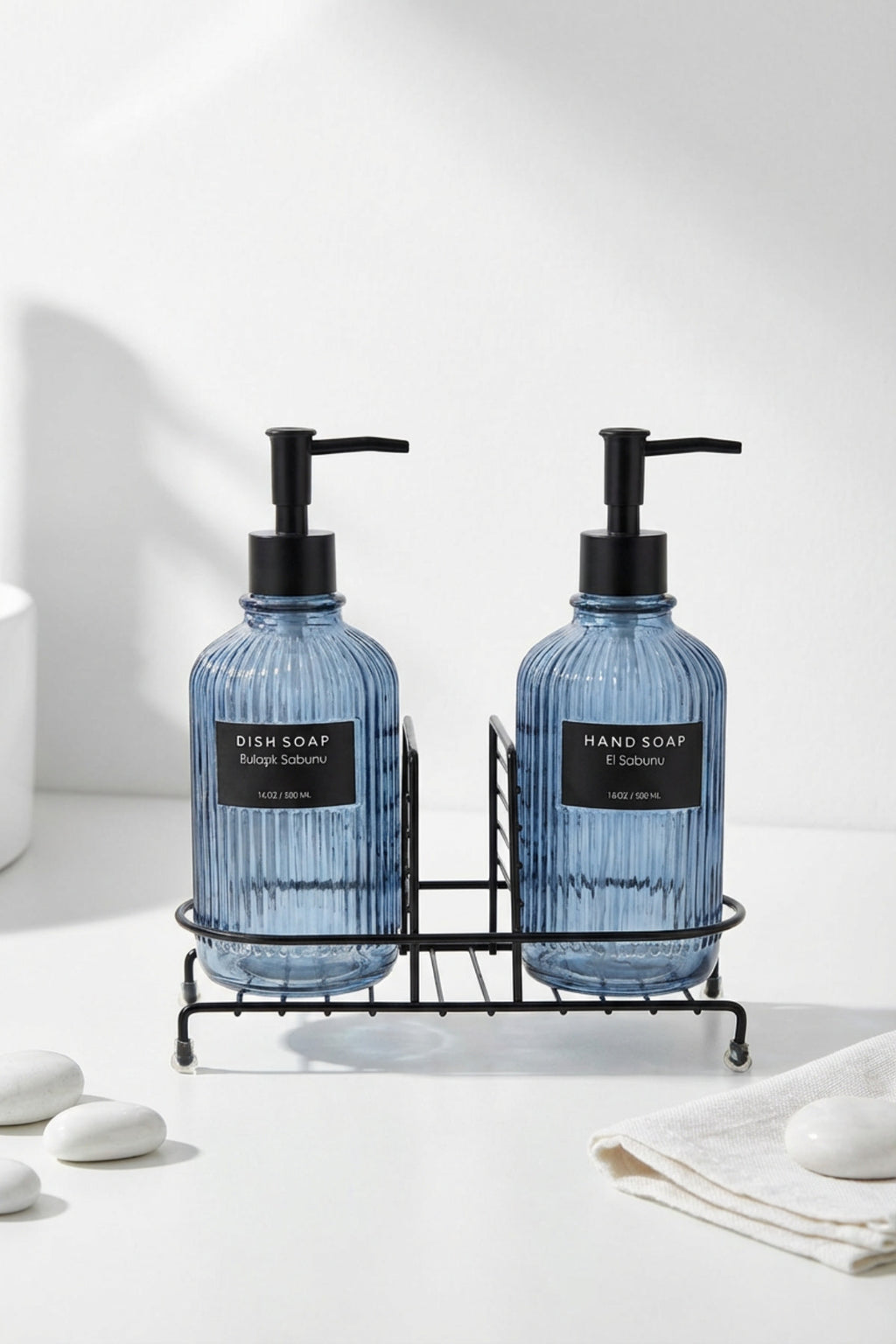 Modern Çizgili Yuvarlak Cam Ikili Sıvı Sabunluk & Deterjanlık Seti, Mavi - 500 Ml Cam Sabunluk