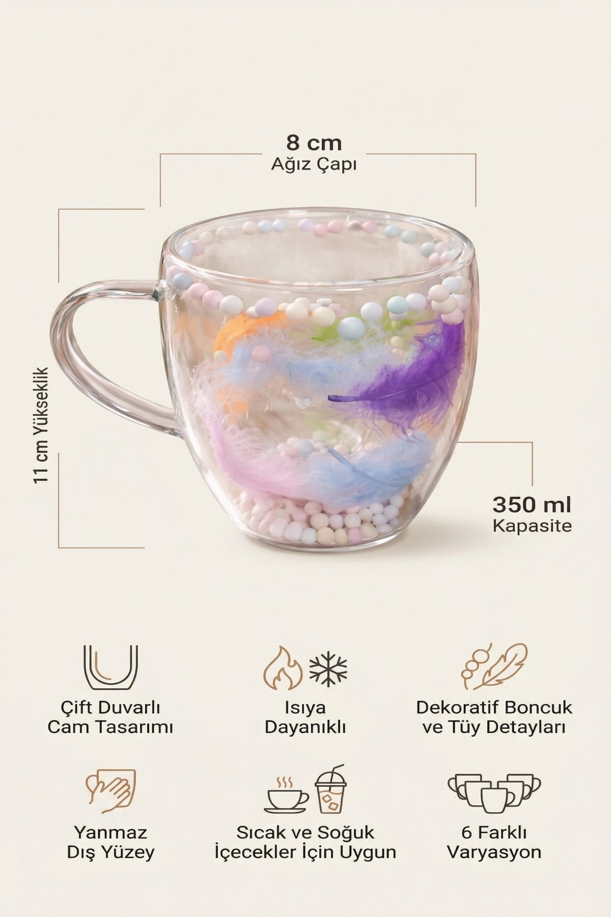 Boncuklu Tüylü Çift Cidarlı Cam Kupa, 350 ml, 11 cm x 8 cm - görsel 2