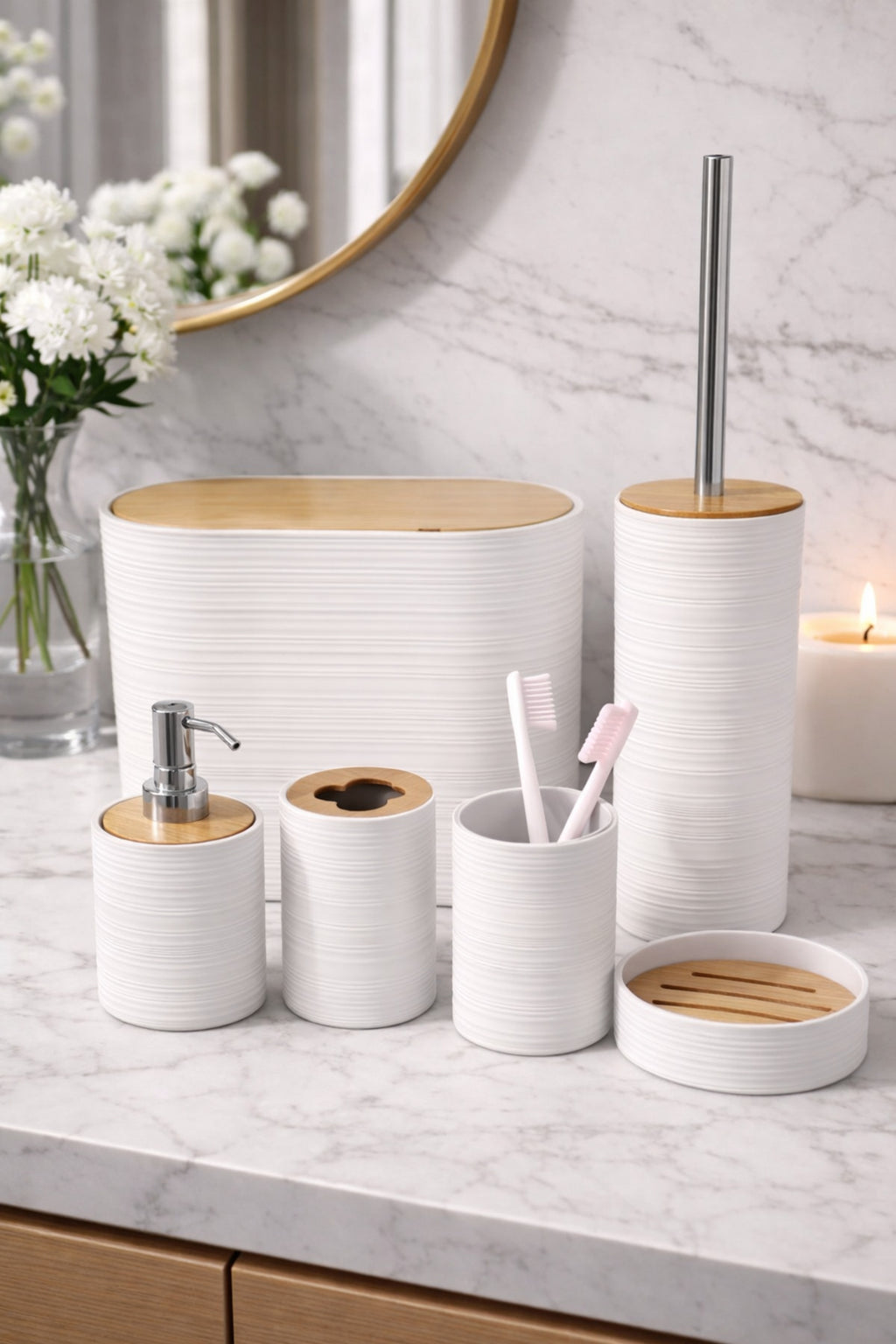 6 Parça Beyaz Banyo Seti, Bambu Detaylı, 8L Çöp Kovası 24x26x16 cm