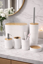 6 Parça Beyaz Banyo Seti, Bambu Detaylı, 8L Çöp Kovası 24x26x16 cm