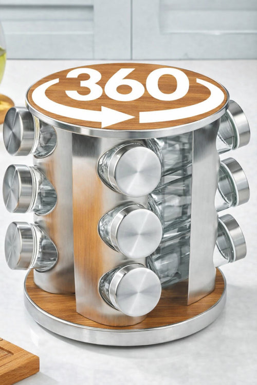 12’li Ahşap Krom Yuvarlak Döner Baharatlık, 360° Paslanmaz Stantlı, 118 ml Cam Kavanoz, 19 x 23 cm