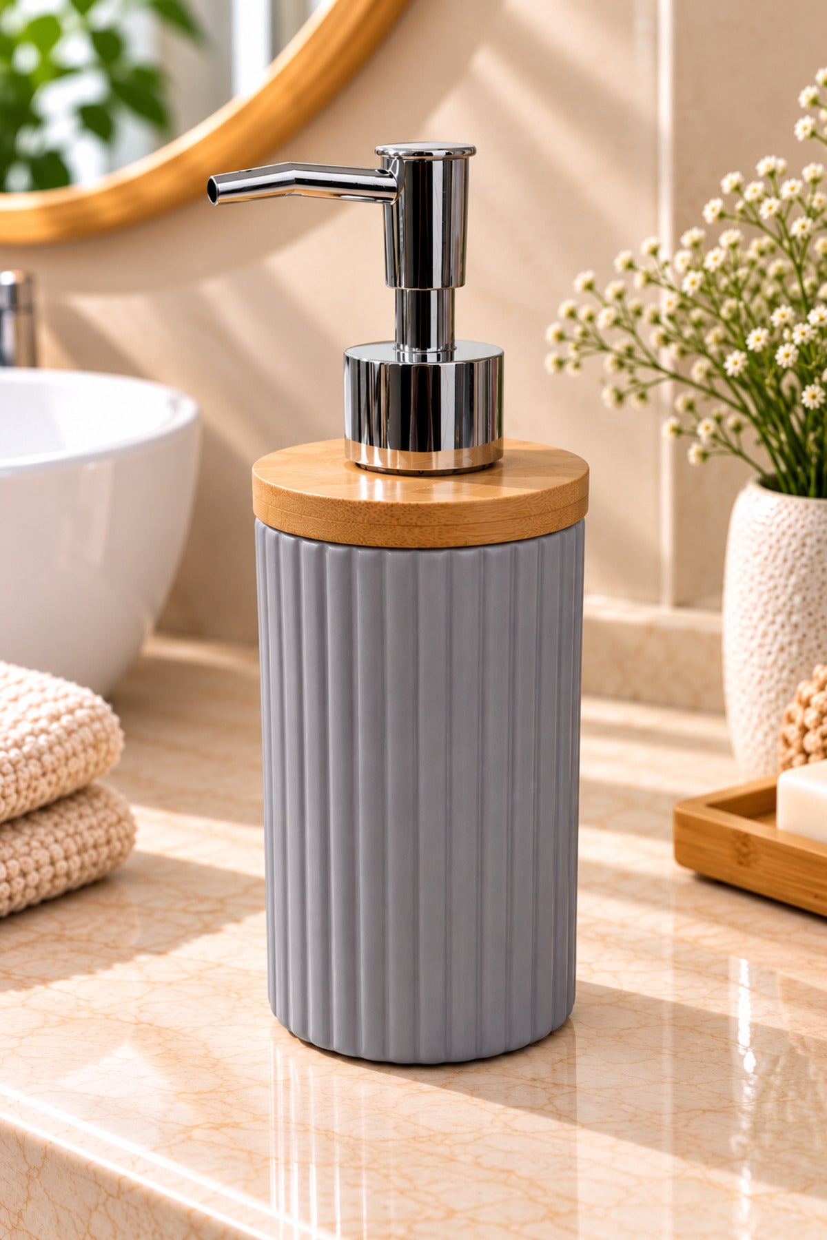 400 ml Bambu Kapaklı Sıvı Sabunluk, Desenli Seramik, Siyah Gri Pudra Pembe, 8x19 cm – Gri