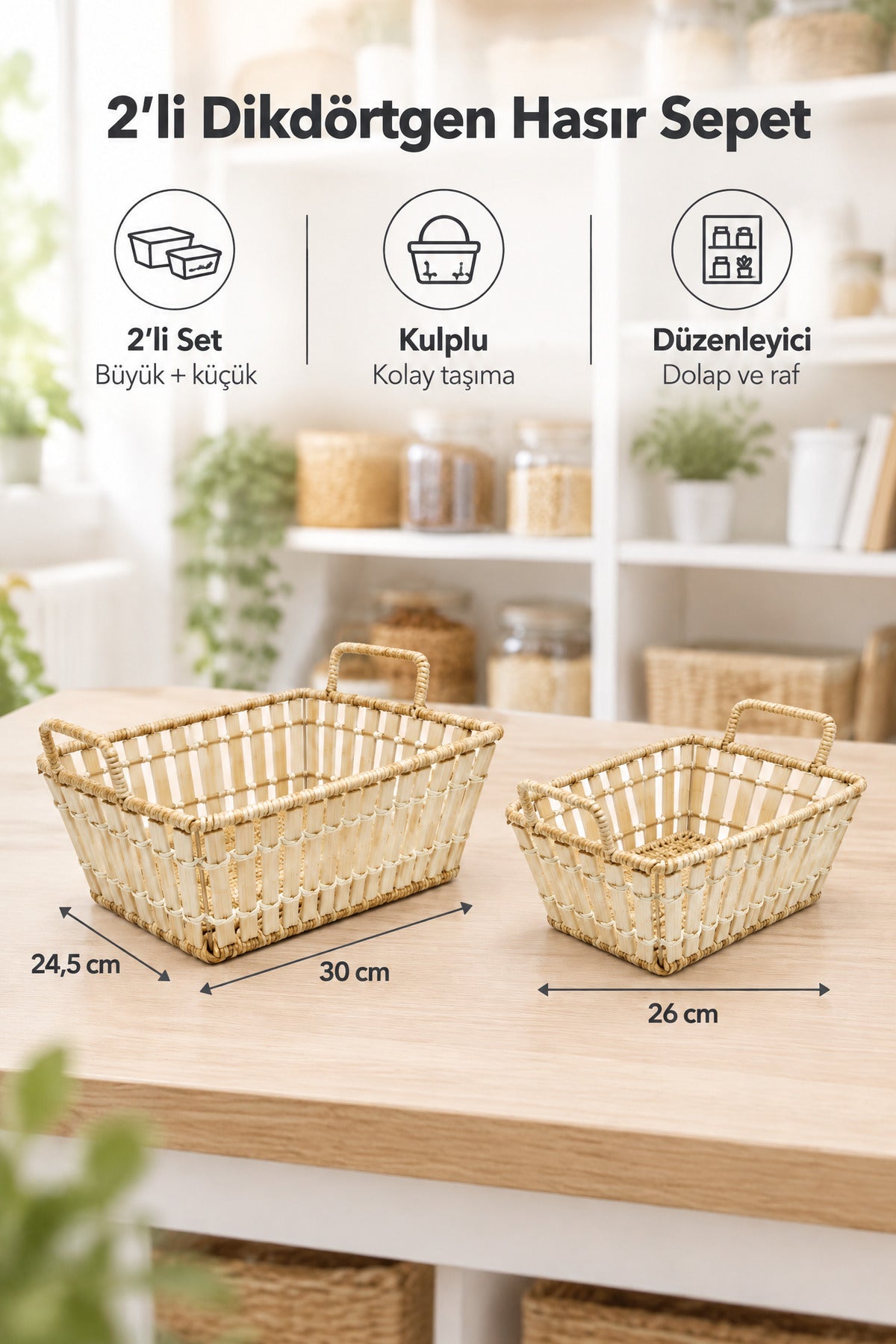 2'li Dikdörtgen Bambu Hasır Kulplu Düzenleyici Sepet Seti, 30x24,5 cm + 26x21 cm