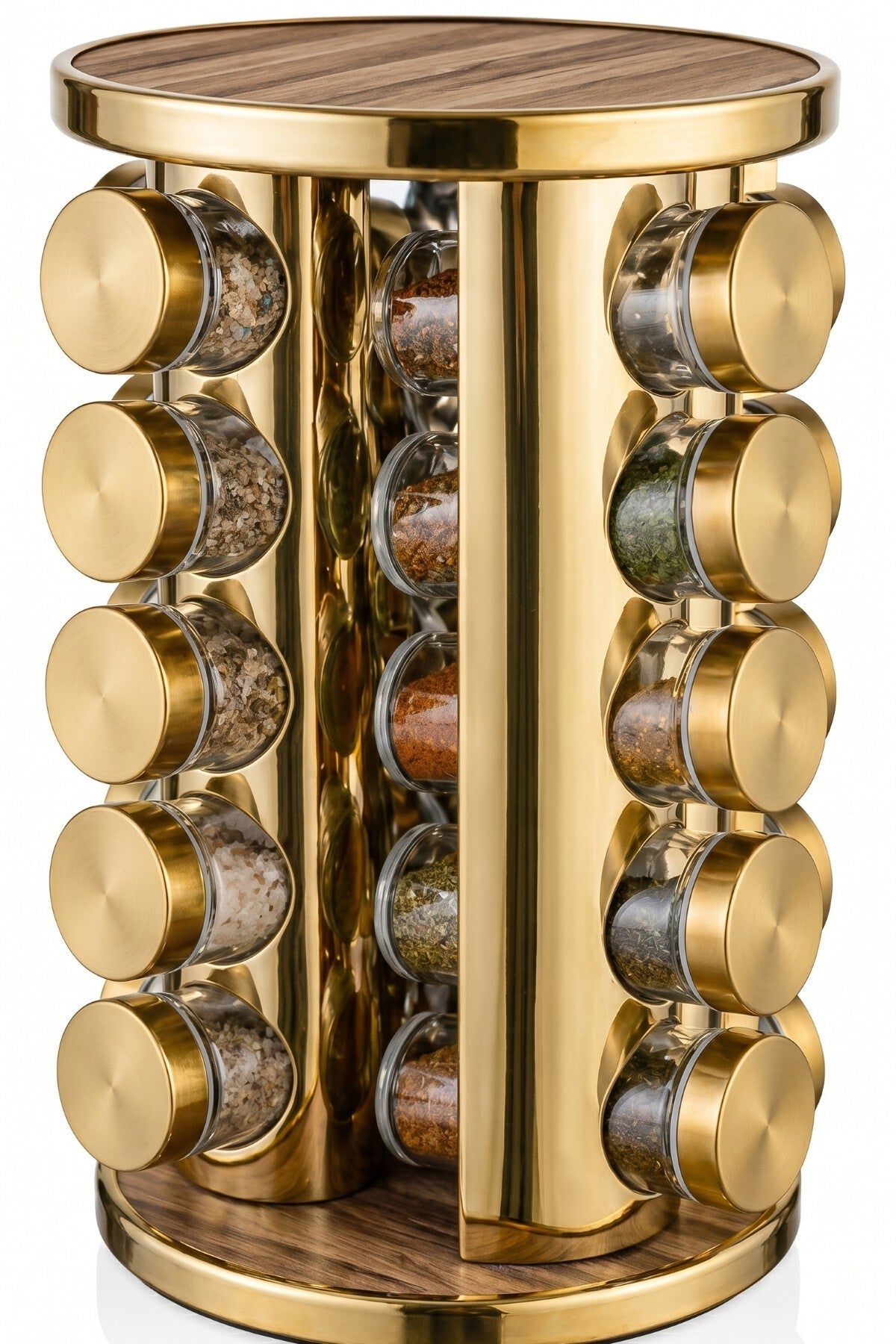 20’li Ahşap Desenli Gold Yuvarlak 360° Döner Standlı Baharatlık Cam Kavanoz Seti 118 ml