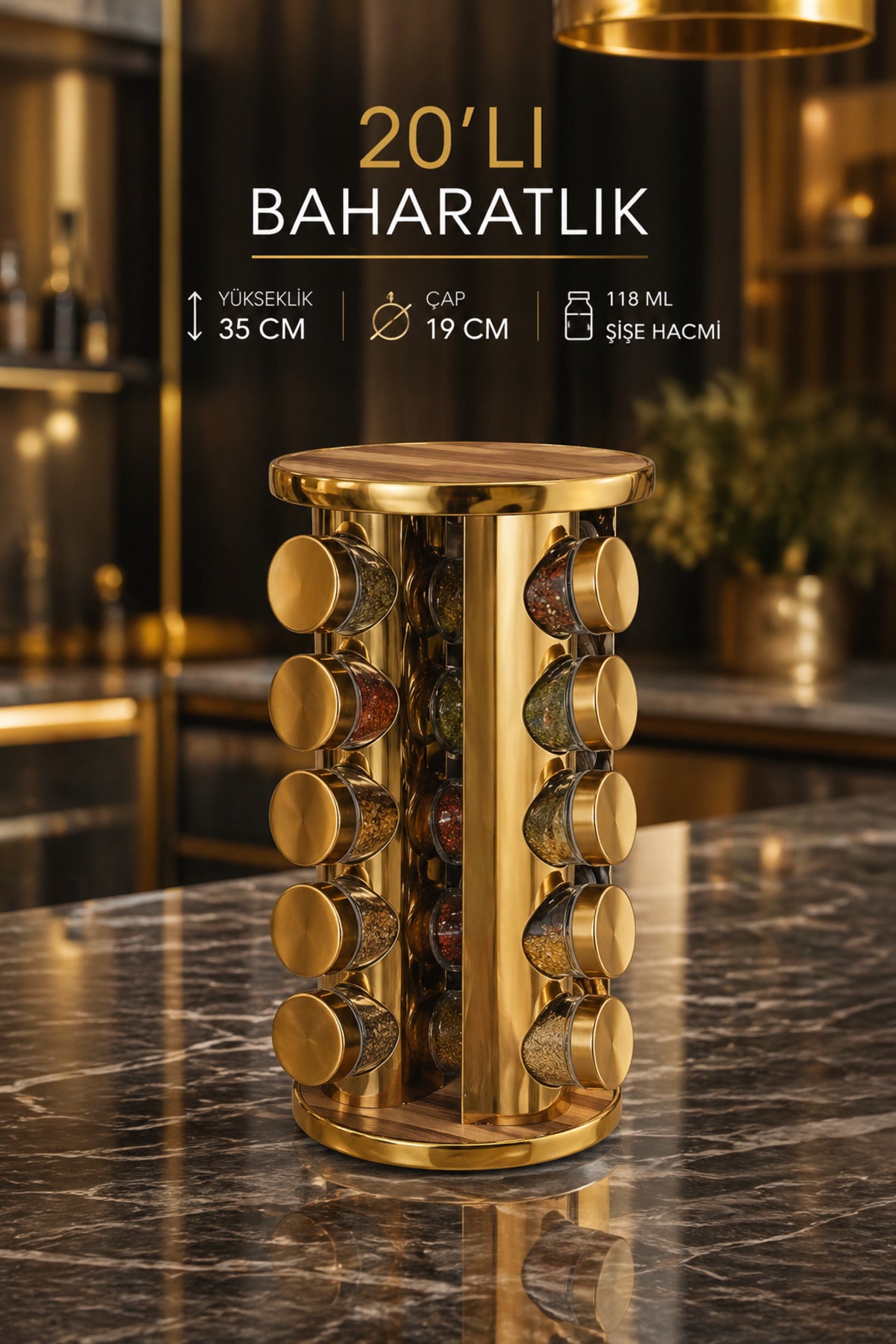 20’li Ahşap Desenli Gold Yuvarlak 360° Döner Standlı Baharatlık Cam Kavanoz Seti 118 ml